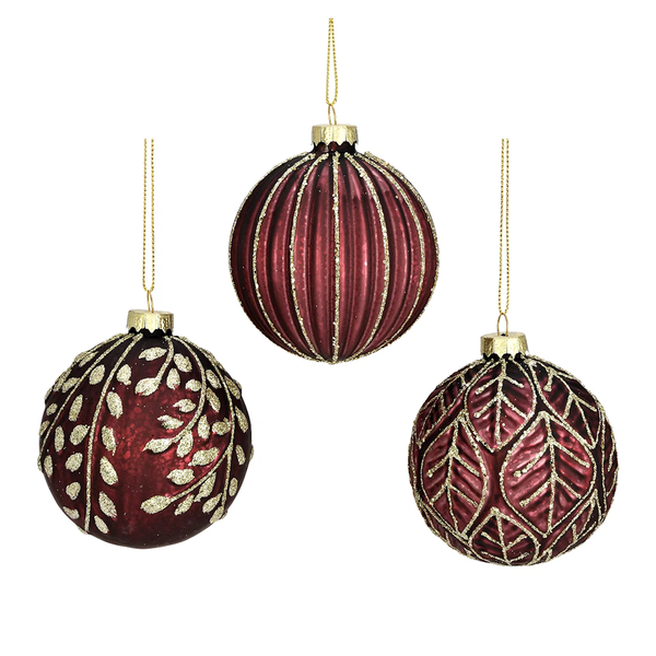 Weihnachtskugel aus Glas Bordeaux Gold Glitter 8 cm 12er Set