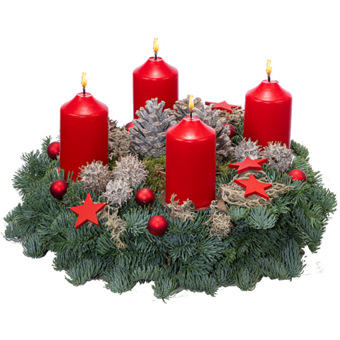 Adventskranz 30 cm Nobilis mit Moos, Zapfen und Kerzen in rot