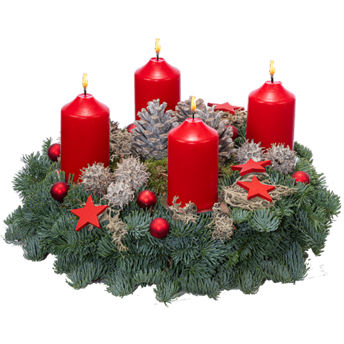 Adventskranz 30 cm Nobilis mit Moos, Zapfen und Kerzen in rot