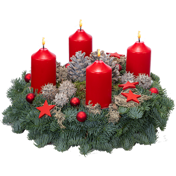 Adventskranz 30 cm Nobilis mit Moos, Zapfen und Kerzen in rot