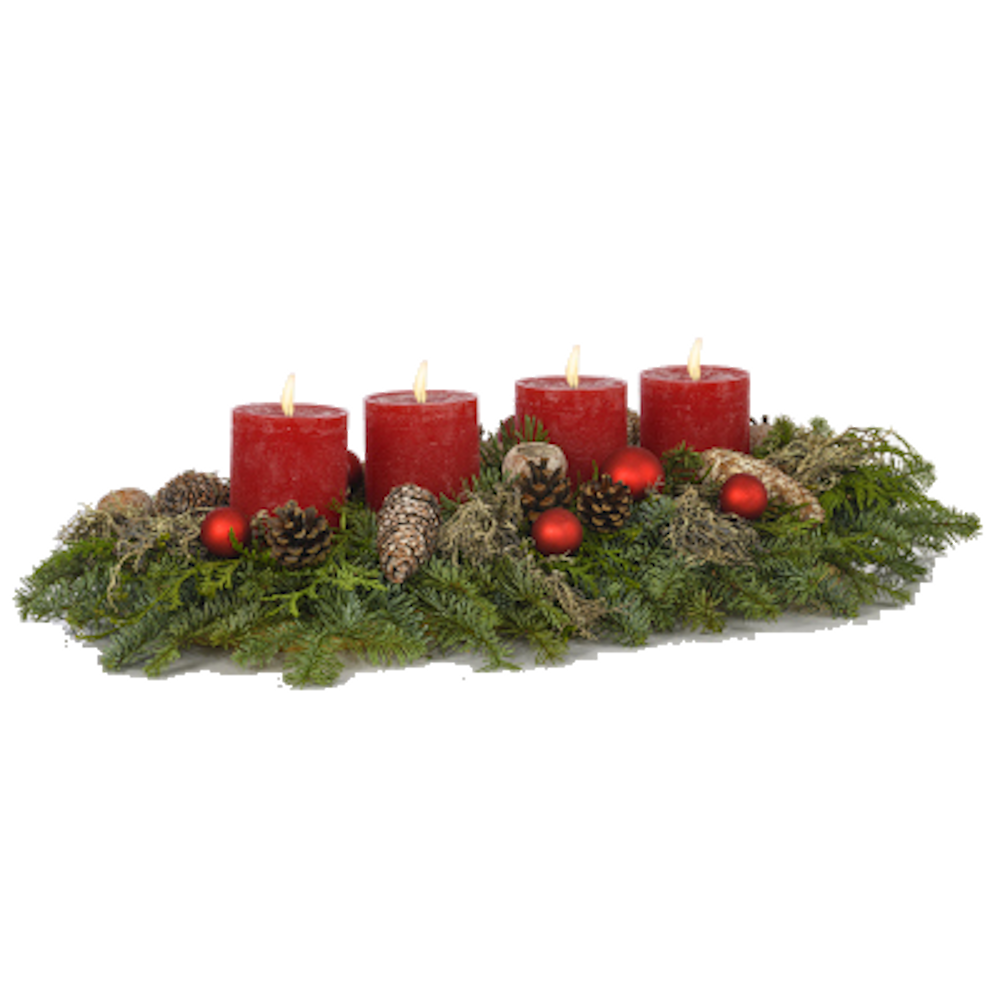 Advent Gesteck 45 cm Flechtenmoos mit rustikalen Kerzen in rot