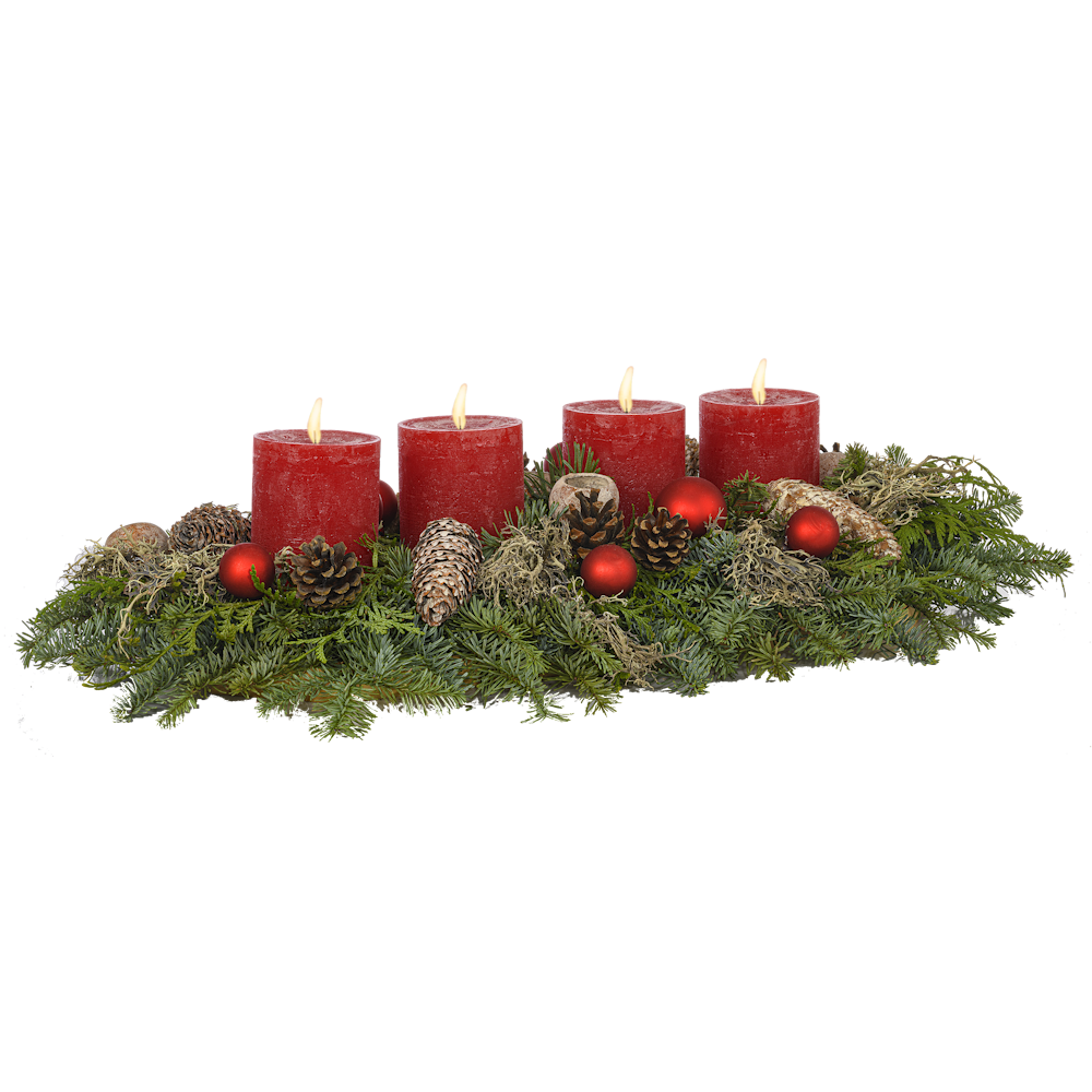 Advent Gesteck 45 cm Flechtenmoos mit rustikalen Kerzen in rot 1