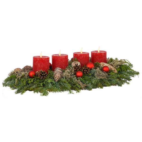 Advent Gesteck 45 cm Flechtenmoos mit rustikalen Kerzen in rot 1