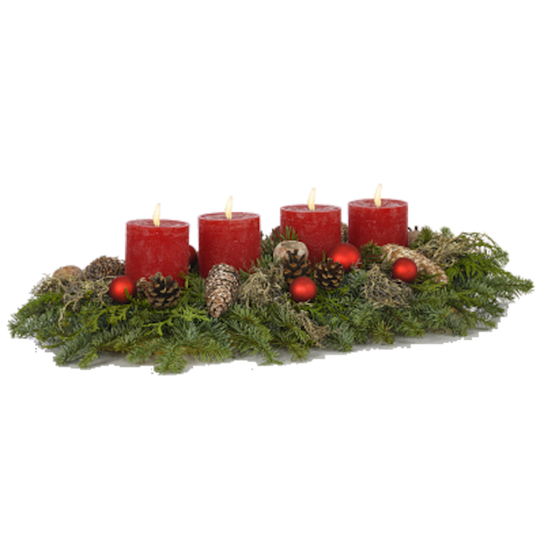 Advent Gesteck 45 cm Flechtenmoos mit rustikalen Kerzen in rot
