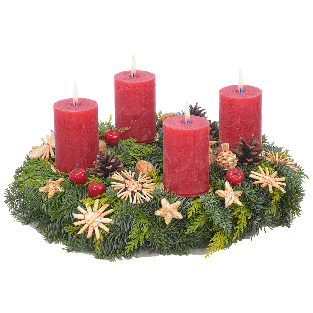 Adventskranz 30 cm Nobilis, Nordmann und Zypresse mit rustikalen Kerzen in rot