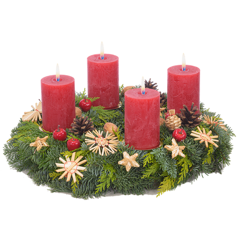 Adventskranz 30 cm Nobilis, Nordmann und Zypresse mit rustikalen Kerzen in rot