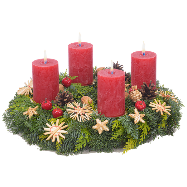 Adventskranz 30 cm Nobilis, Nordmann und Zypresse mit rustikalen Kerzen in rot