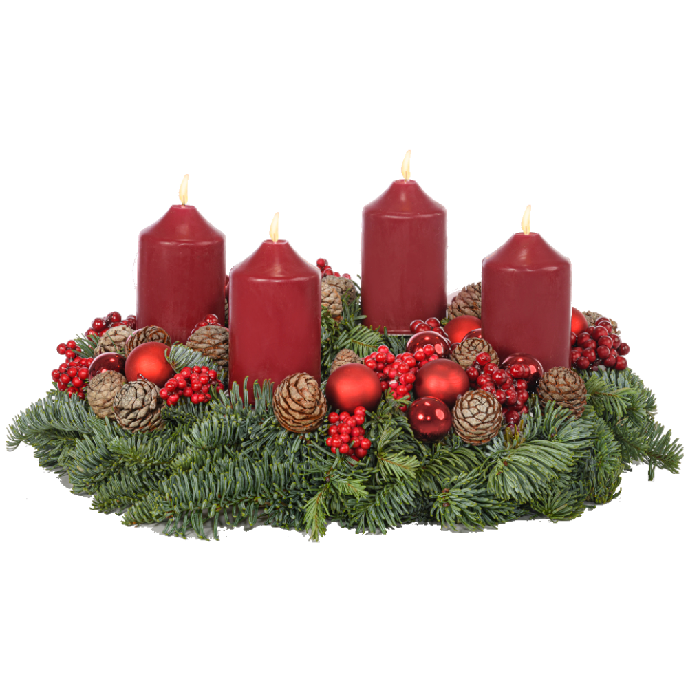Adventskranz 30 cm Nobilis mit Beeren, Zapfen und Kerzen in bordeaux rot