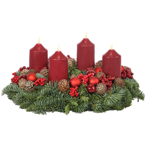 Adventskranz 30 cm Nobilis mit Beeren, Zapfen und Kerzen in bordeaux rot