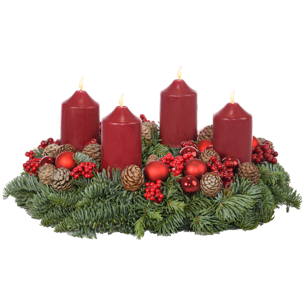 Adventskranz 30 cm Nobilis mit Beeren, Zapfen und Kerzen in bordeaux rot