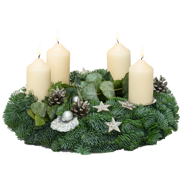 Adventskranz 30 cm Nobilis mit Eucalyptus und Kerzen in creme weiß