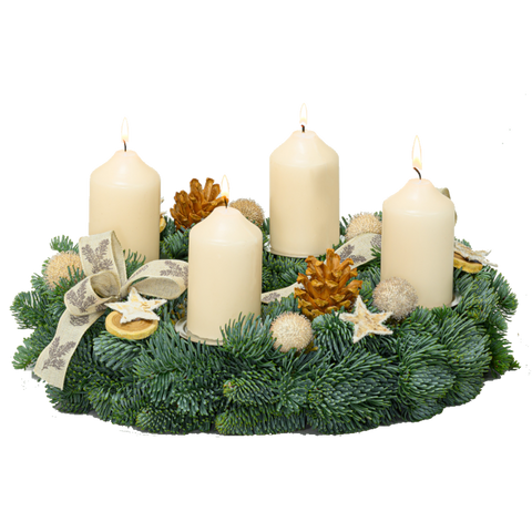 Adventskranz 30 cm Nobilis mit Kerzen und Bändern in creme weiß