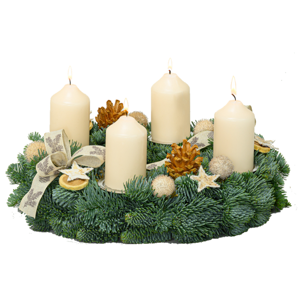 Adventskranz 30 cm Nobilis mit Kerzen und Bändern in creme weiß