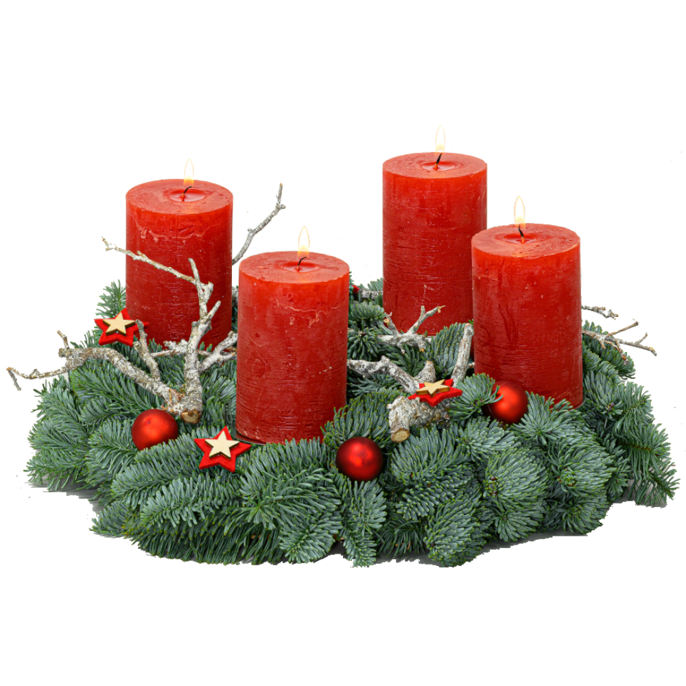 Adventskranz 30 cm Nobilis und Dekozweigen mit rustikalen Kerzen in rot