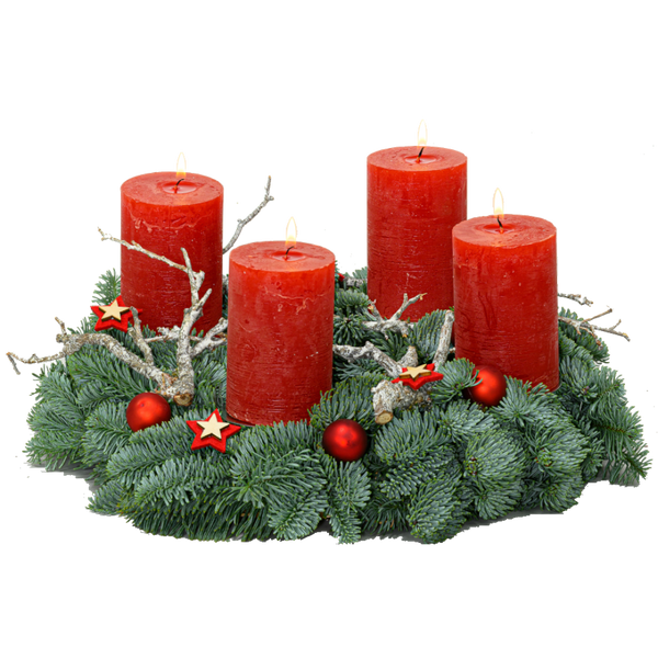 Adventskranz 30 cm Nobilis und Dekozweigen mit rustikalen Kerzen in rot