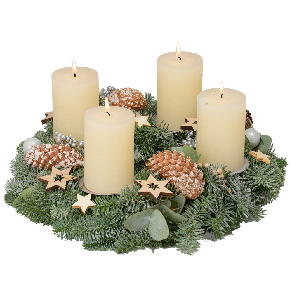 Adventskranz 30 cm Nobilis und Kunstschnee mit rustikalen Kerzen in creme weiß