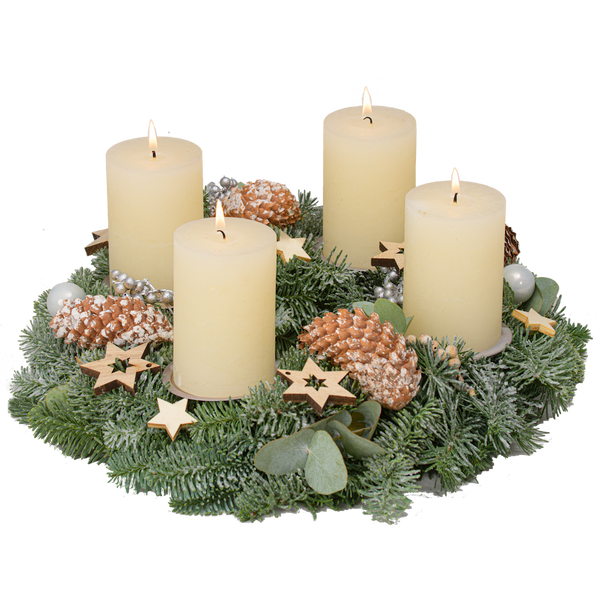 Adventskranz 30 cm Nobilis und Kunstschnee mit rustikalen Kerzen in creme weiß