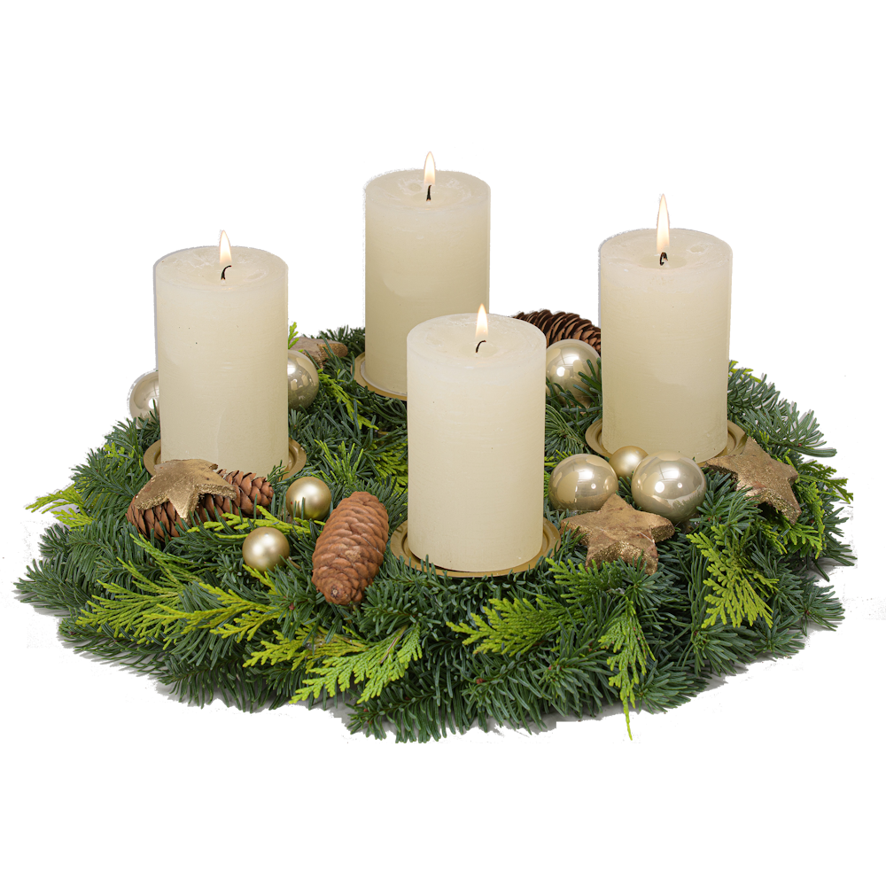 Adventskranz 30 cm Nobilis und Zypresse mit rustikalen Kerzen in creme weiß