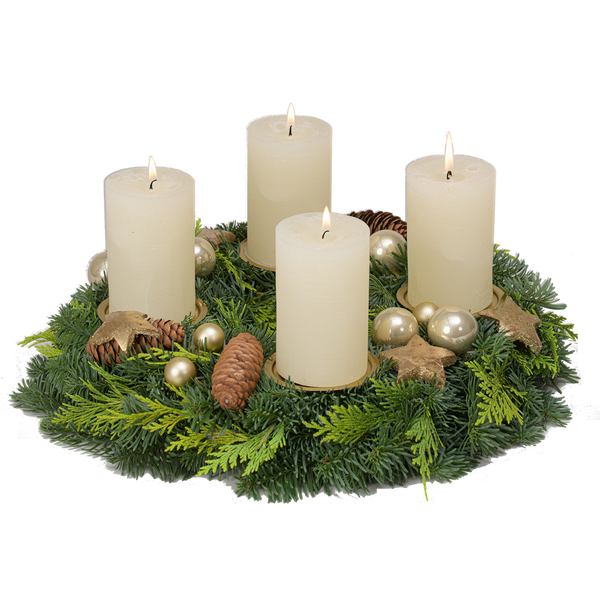 Adventskranz 30 cm Nobilis und Zypresse mit rustikalen Kerzen in creme weiß