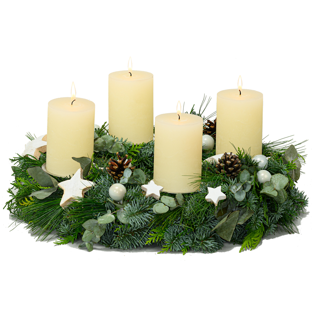 Adventskranz 35 cm Nobilis, Eucalyptus und Zypresse mit rustikalen Kerzen in creme weiß