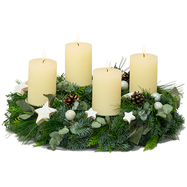 Adventskranz 35 cm Nobilis, Eucalyptus und Zypresse mit rustikalen Kerzen in creme weiß