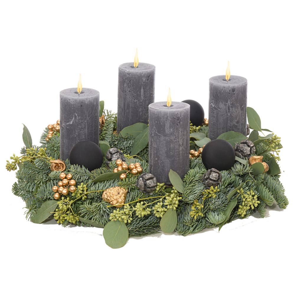 Adventskranz 35 cm Nobilis und Eucalyptus mit rustikalen Kerzen in anthrazit