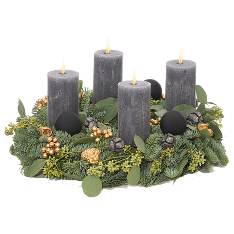 Adventskranz 35 cm Nobilis und Eucalyptus mit rustikalen Kerzen in anthrazit