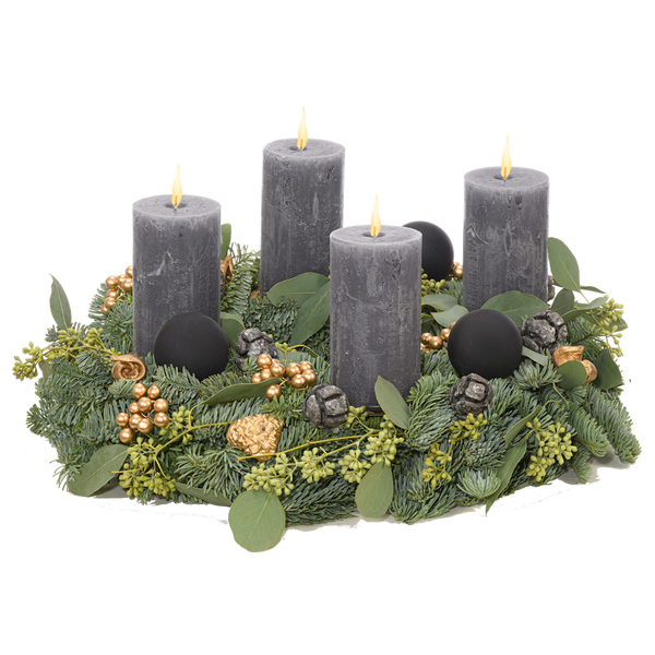 Adventskranz 35 cm Nobilis und Eucalyptus mit rustikalen Kerzen in anthrazit