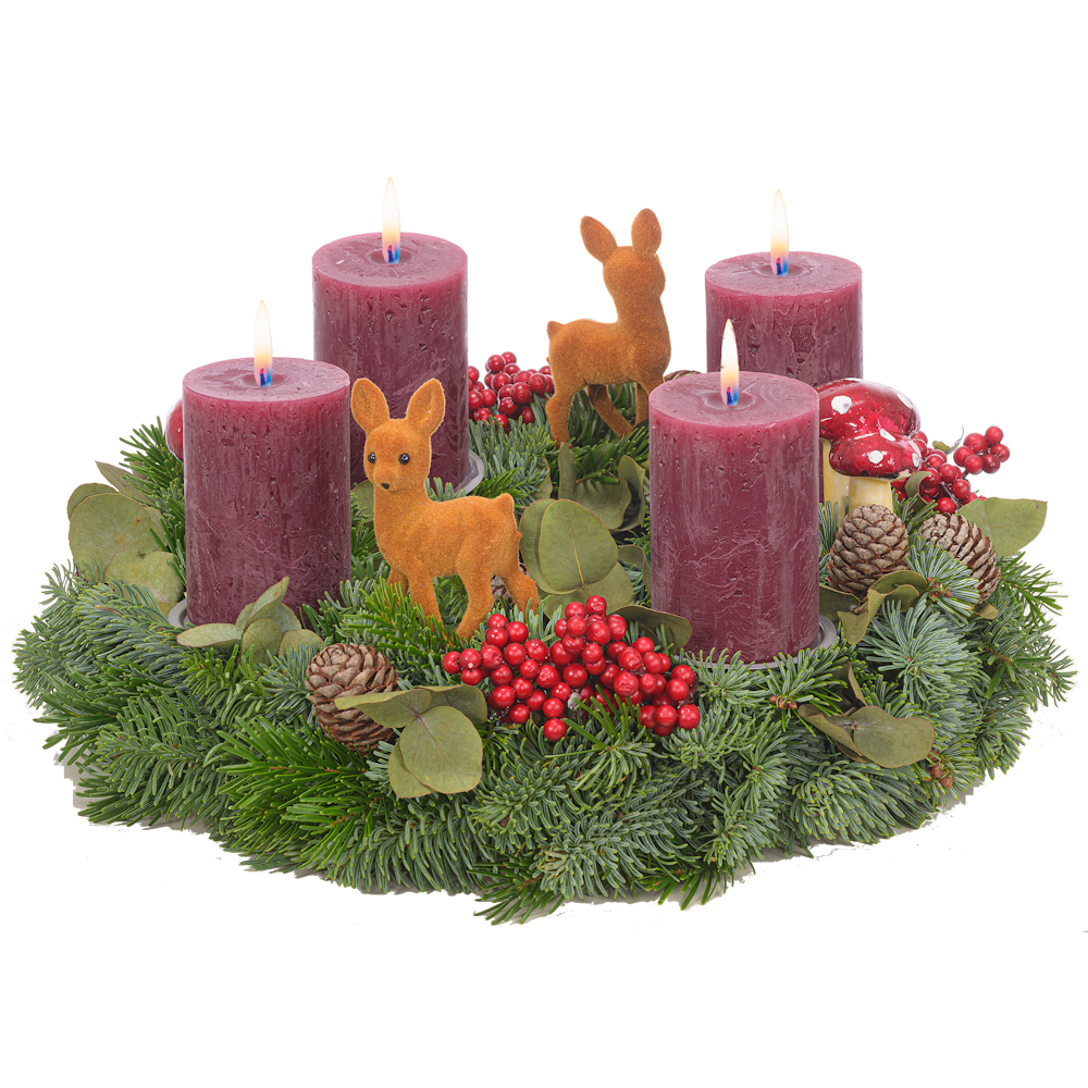 Adventskranz 35 cm Nobilis und Eucalyptus mit rustikalen Kerzen in bordeaux