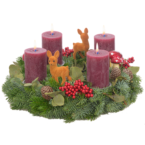 Adventskranz 35 cm Nobilis und Eucalyptus mit rustikalen Kerzen in bordeaux