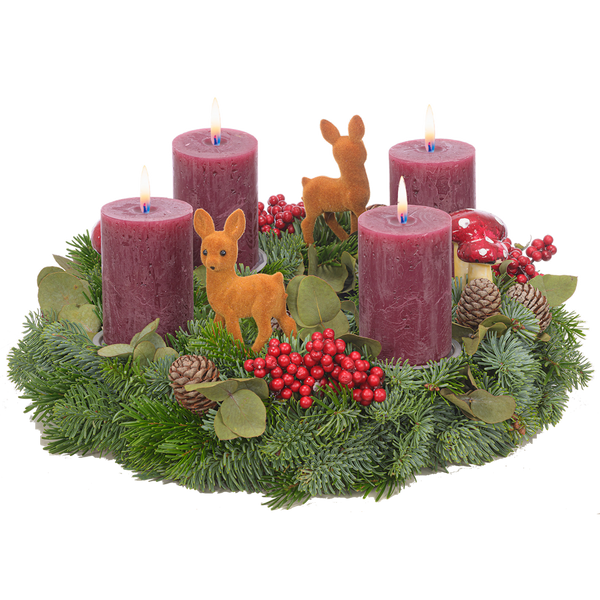 Adventskranz 35 cm Nobilis und Eucalyptus mit rustikalen Kerzen in bordeaux