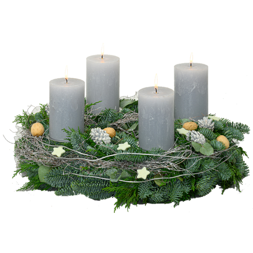 Adventskranz 40 cm Nobilis, Thuja und Eucalyptus mit rustikalen Kerzen in hellgrau