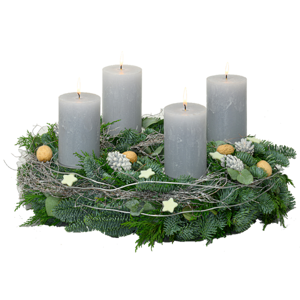 Adventskranz 40 cm Nobilis, Thuja und Eucalyptus mit rustikalen Kerzen in hellgrau