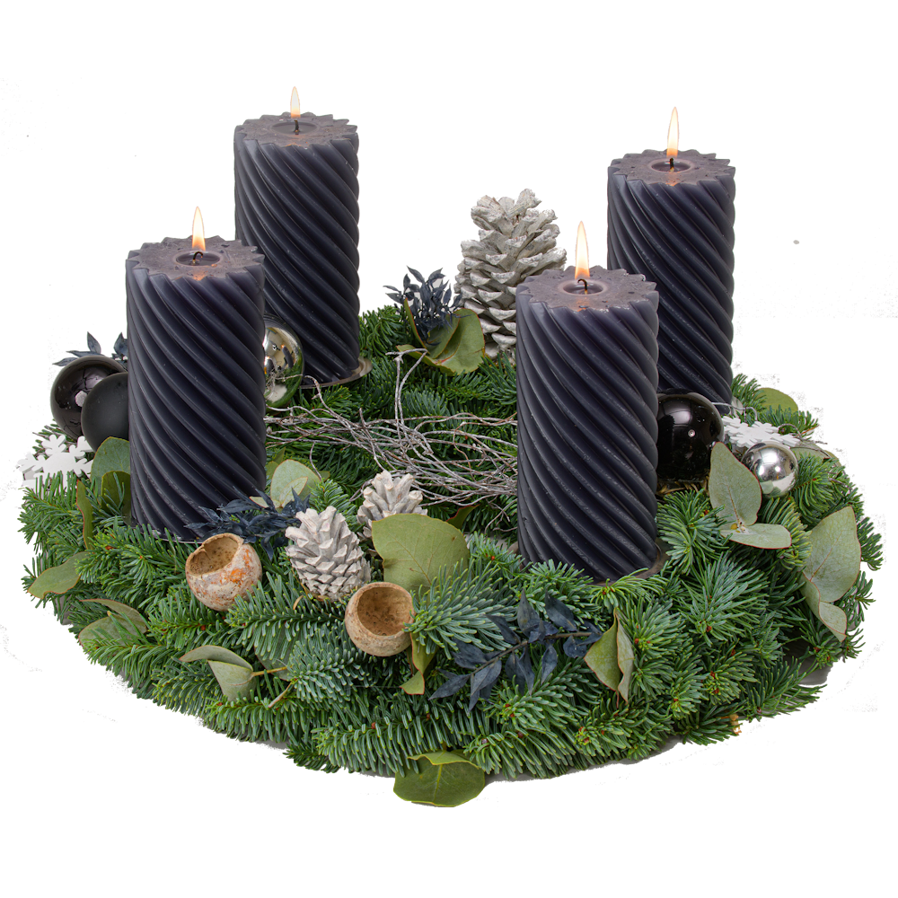 Adventskranz 40 cm Nobilis und Eucalyptus mit gedrehten Kerzen in anthrazit