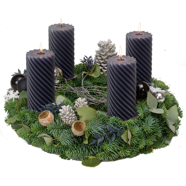Adventskranz 40 cm Nobilis und Eucalyptus mit gedrehten Kerzen in anthrazit