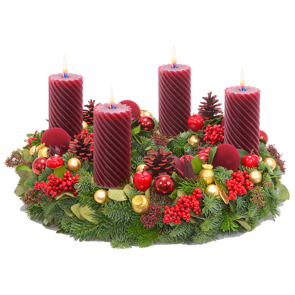 Adventskranz 40 cm Nobilis und Nordmann mit gedrehten Kerzen in bordeaux