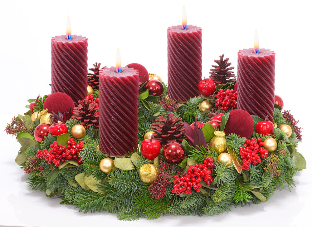 Adventskranz 40 cm Nobilis und Nordmann mit gedrehten Kerzen in bordeaux 2