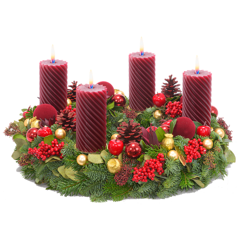 Adventskranz 40 cm Nobilis und Nordmann mit gedrehten Kerzen in bordeaux