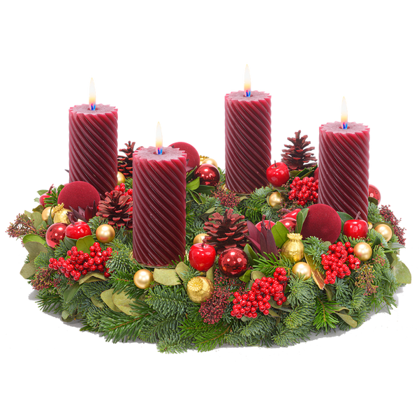 Adventskranz 40 cm Nobilis und Nordmann mit gedrehten Kerzen in bordeaux