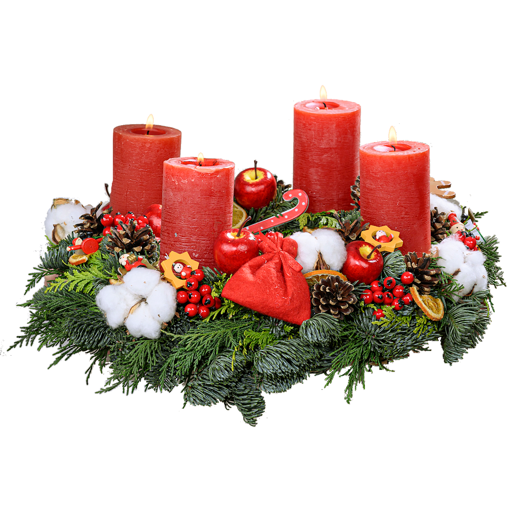 Adventskranz 40 cm Nobilis und Zypresse blau gelb mit rustikalen Kerzen in rot