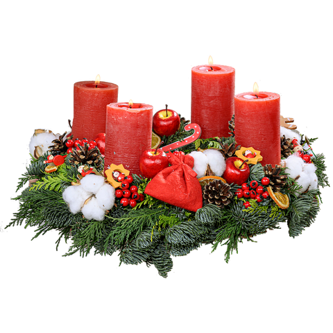 Adventskranz 40 cm Nobilis und Zypresse blau gelb mit rustikalen Kerzen in rot