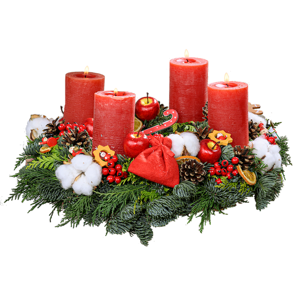 Adventskranz 40 cm Nobilis und Zypresse blau gelb mit rustikalen Kerzen in rot