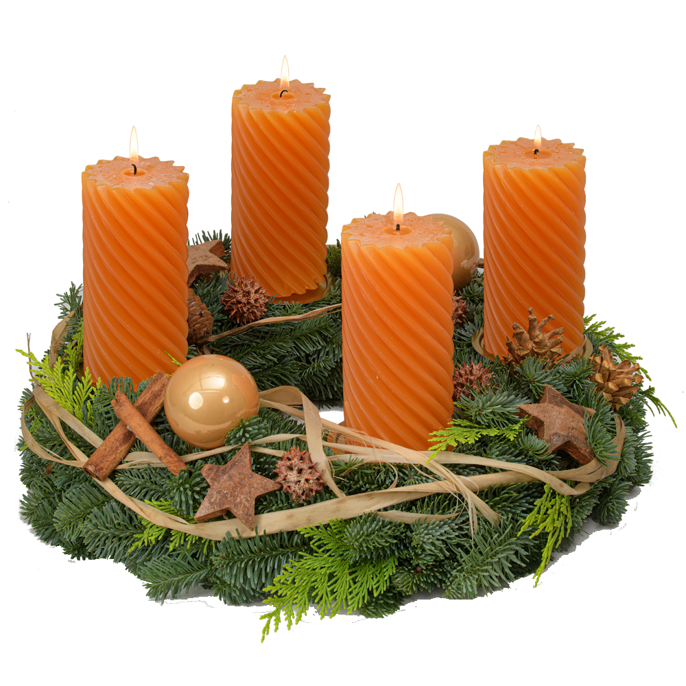 Adventskranz 40 cm Nobilis und Zypresse mit gedrehten Kerzen in orange