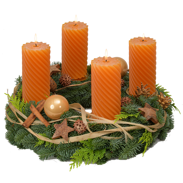 Adventskranz 40 cm Nobilis und Zypresse mit gedrehten Kerzen in orange