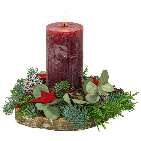 Arangement Advent Nobilis und Thuja mit 1 Kerze rustikal bordeaux in rot