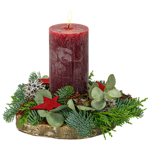Arangement Advent Nobilis und Thuja mit 1 Kerze rustikal bordeaux in rot