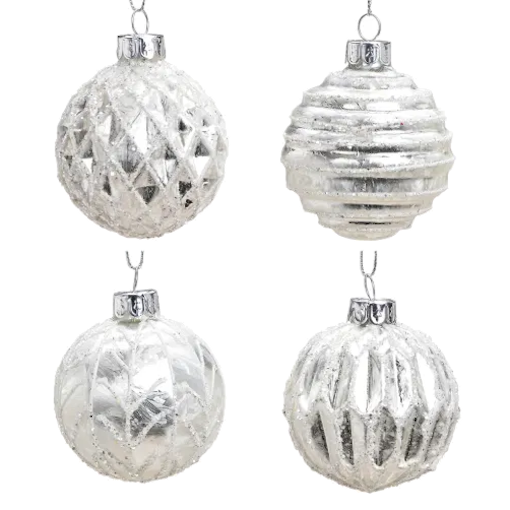 Weihnachtskugel aus Glas Weiß Silber Glitter 6 cm 12er Set