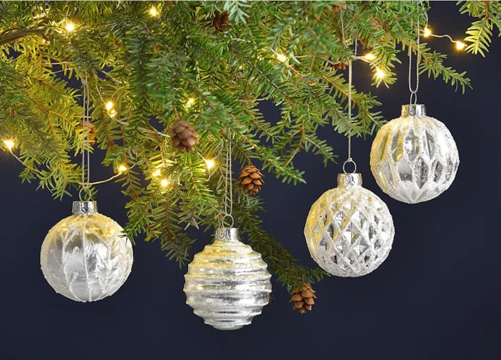 Weihnachtskugel aus Glas Weiß Silber Glitter 6 cm 12er Set