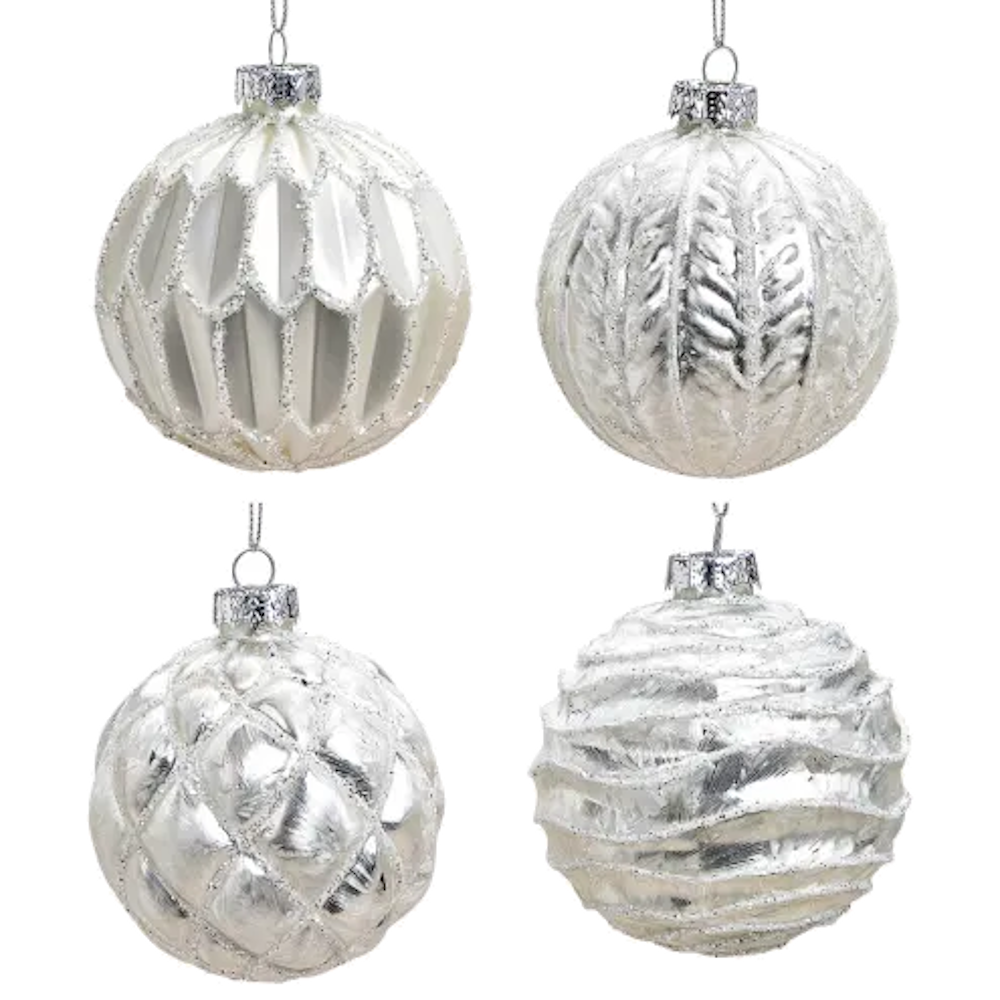 Weihnachtskugel aus Glas Weiß Silber Glitter 8 cm 12er Set