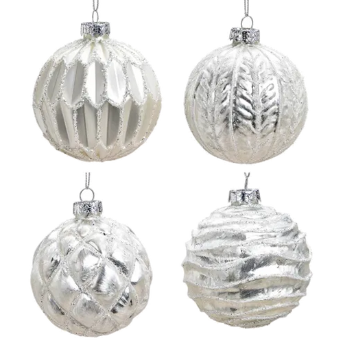Weihnachtskugel aus Glas Weiß Silber Glitter 8 cm 12er Set